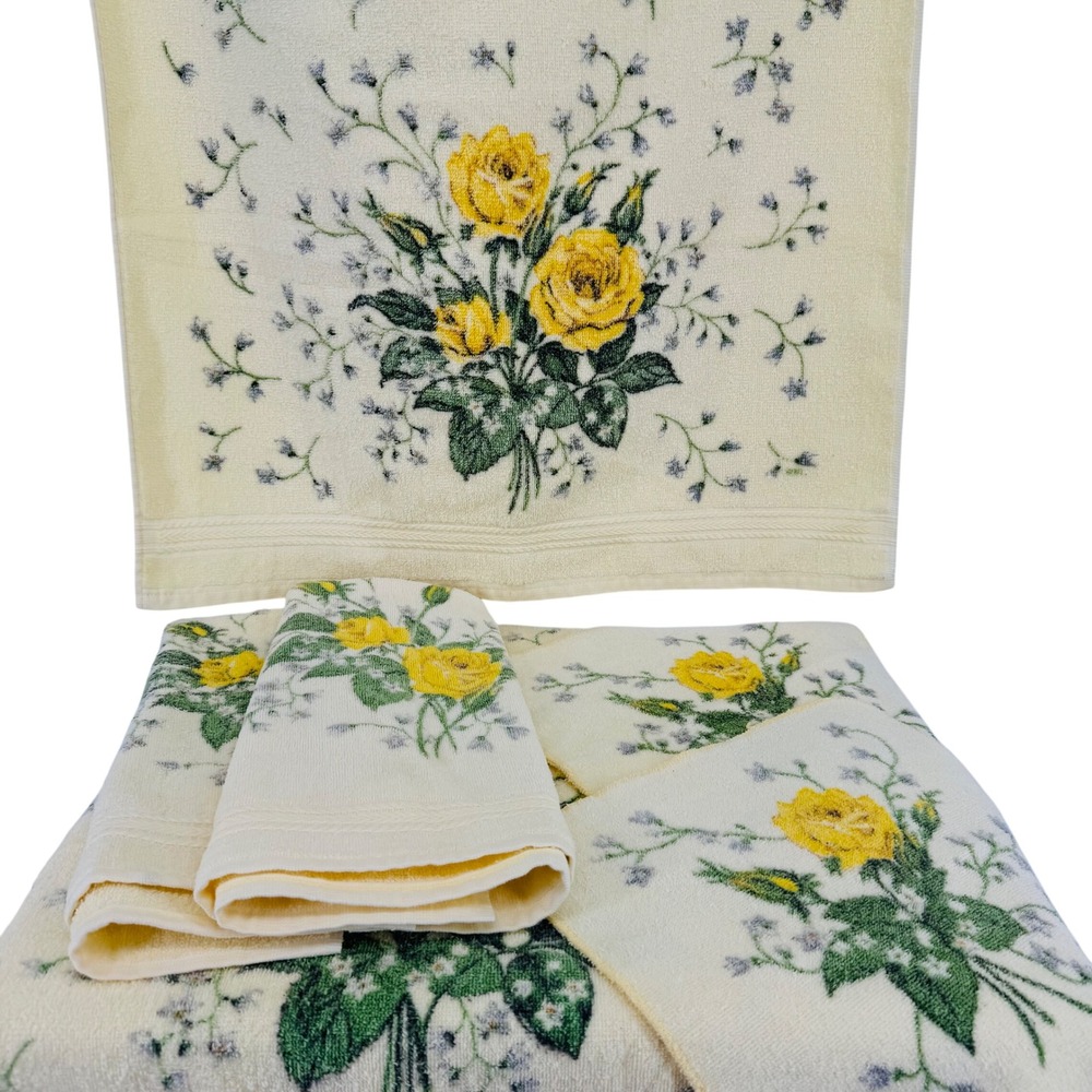 Vintage RA Briggs Yellow Rose Floral Towel Set 6pc Cotton Made in USA Retro MCM